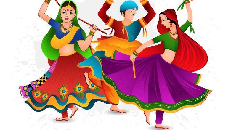 An illustration of three people dancing and wearing colorful garb
