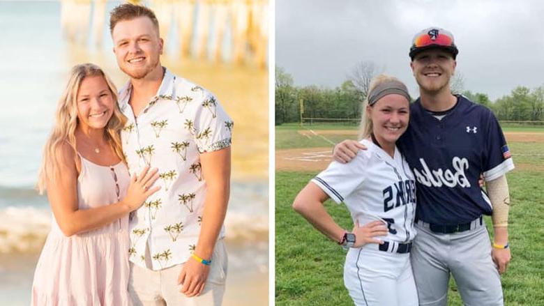 side by side photos of a couple, one where they are wearing Berks baseball and softball uniforms and the other of the same couple on a beach
